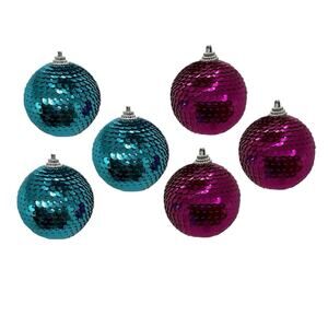 6 Sequin Ball Christmas Ornaments Purple Turquoise 2.75 in Holiday Decorations